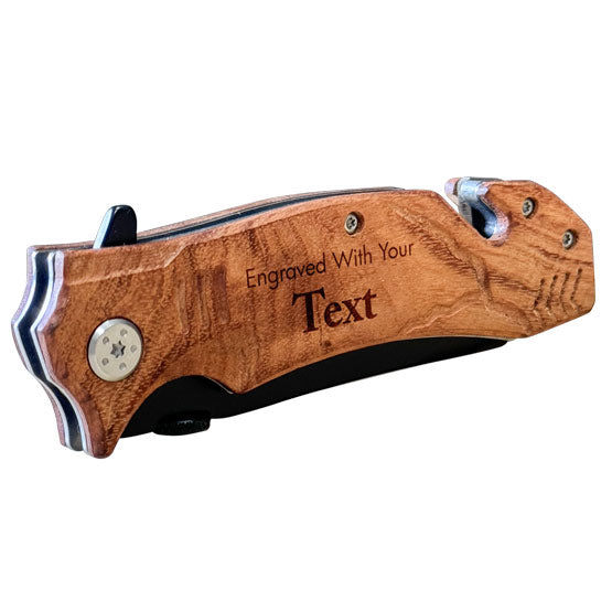 Custom Wood And Stainless Steel Rescue Knife Folded Into Closed Position And Laser Engraved To Show Customizable Areas