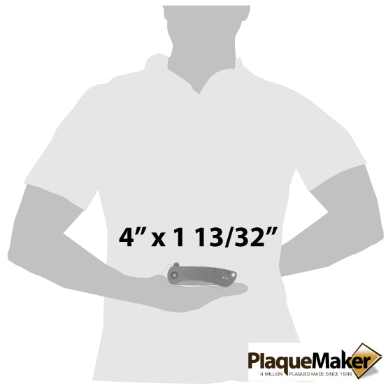 Size Guide With Blank Figure Holding Custom Stainless Steel Folding Knife In Closed Position Against White Background