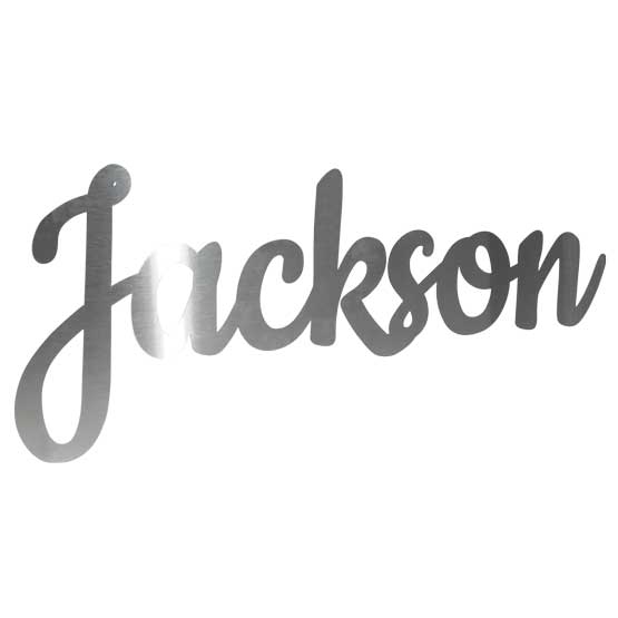 Custom Cut Stainless Steel Metal Sign Featuring Customizable Cursive Style Jackson Name Against A White Background