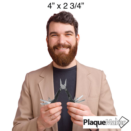 Size Guide With Man Holding Black Stainless Steel Multi Tool In Open Position And Laser Engraved To Show Customizable Areas