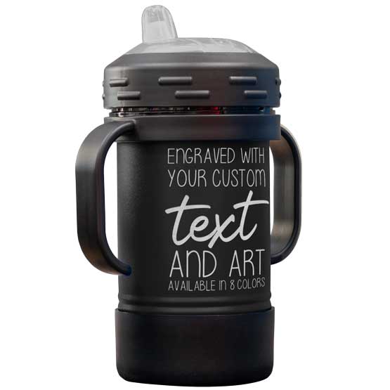 Custom Black Stainless Steel Sippy Cup With Handles And Laser Engraved To Show Customizable Areas For Text And Art