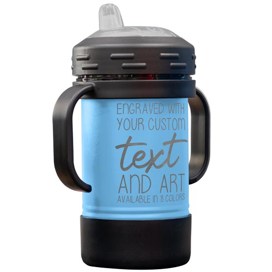 Custom Light Blue Stainless Steel Sippy Cup With Handles And Laser Engraved To Show Customizable Areas For Text And Art