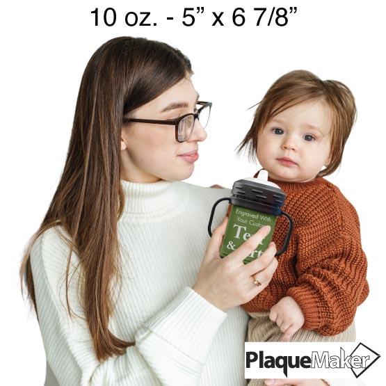 Size Guide With Woman Handing Olive Green Stainless Steel Sippy Cup With Handles And Customizable Areas To Baby