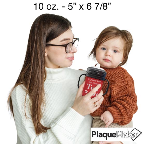 Size Guide With Woman Handing Red Stainless Steel Sippy Cup With Handles And Customizable Areas To Baby
