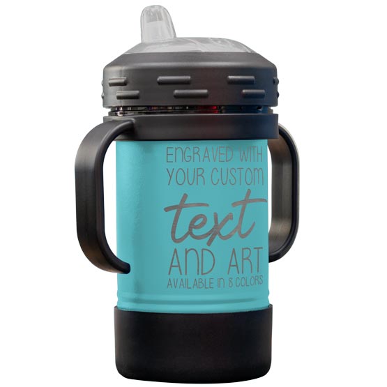 Custom Teal Stainless Steel Sippy Cup With Handles And Laser Engraved To Show Customizable Areas For Text And Art