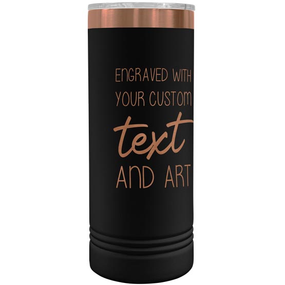 Black And Rose Gold Skinny Coffee Tumbler With Clear Lid And Laser Engraved To Show Customizable Areas For Text And Art