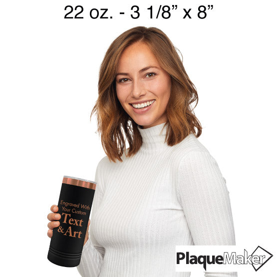 Size Guide With Happy Woman Holding Black And Rose Gold Skinny Coffee Tumbler Laser Engraved To Show Customizable Areas