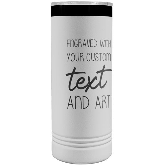 White And Black Skinny Coffee Tumbler With Clear Lid And Laser Engraved To Show Customizable Areas For Text And Art