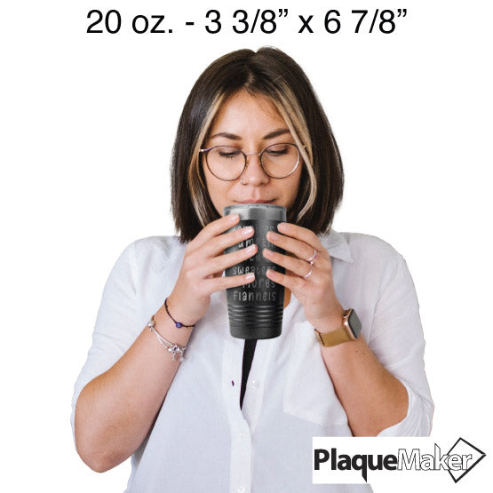 Size Guide With Woman Holding Black Stainless Steel Coffee Tumbler Laser Engraved With Smore Art And Fall Themed Terms