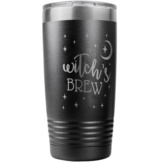 Custom Black Stainless Steel Coffee Tumbler With Clear Lid And Laser Engraved With Moon And Stars Art And Witch’s Brew Text