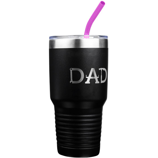 Custom Black Thirty Ounce Coffee Tumbler With Straw And Laser Engraved With Tools Artwork Spelling Out Dad Text