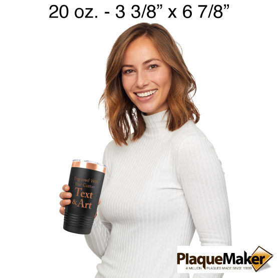 Size Guide With Happy Woman Holding Black And Rose Gold Twenty Ounce Coffee Tumbler With Clear Lid And Customizable Areas