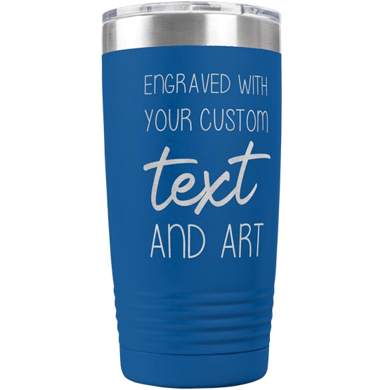 Blue Twenty Ounce Stainless Steel Coffee Tumbler With Clear Lid And Engraved To Show Customizable Areas For Text And Art