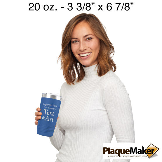 Size Guide With Happy Woman Holding Blue Twenty Ounce Coffee Tumbler With Clear Lid And Engraved To Show Customizable Areas
