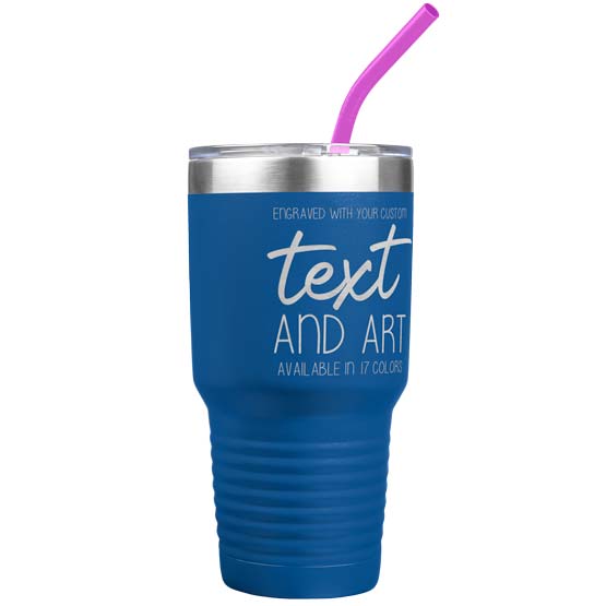 Custom Blue Thirty Ounce Coffee Tumbler With Straw And Laser Engraved To Show Customizable Areas For Text And Art