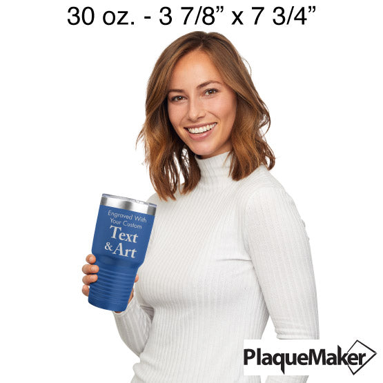 Size Guide With Happy Woman Holding Blue Thirty Ounce Coffee Tumbler With Clear Lid And Engraved To Show Customizable Areas