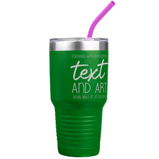Custom Green Thirty Ounce Stainless Steel Coffee Tumbler With Straw And Laser Engraved To Show Customizable Areas
