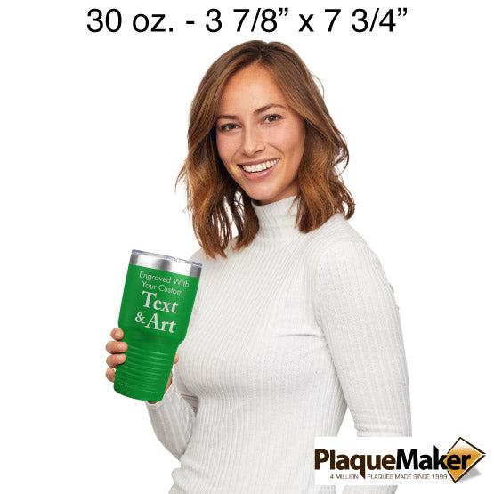Size Guide With Happy Woman Holding Green Thirty Ounce Stainless Steel Coffee Tumbler Engraved To Show Customizable Areas