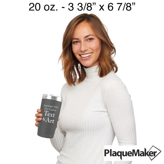 Size Guide With Happy Woman Holding Gray Twenty Ounce Stainless Steel Coffee Tumbler Engraved To Show Customizable Areas