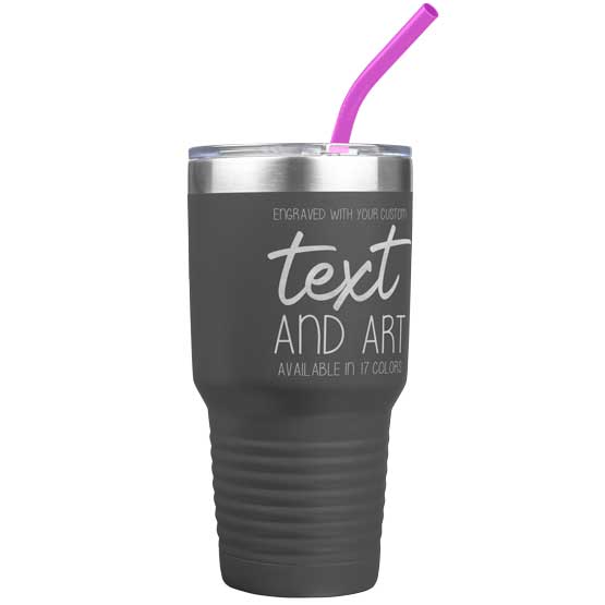 Custom Gray Thirty Ounce Stainless Steel Coffee Tumbler With Straw And Laser Engraved To Show Customizable Areas