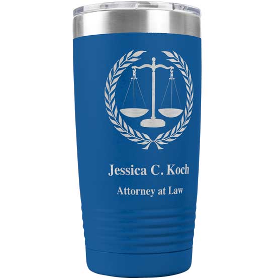 Blue 20 Ounce Stainless Steel Tumbler Laser Engraved With Custom Justice Scales Art And Name And Attorney At Law Text