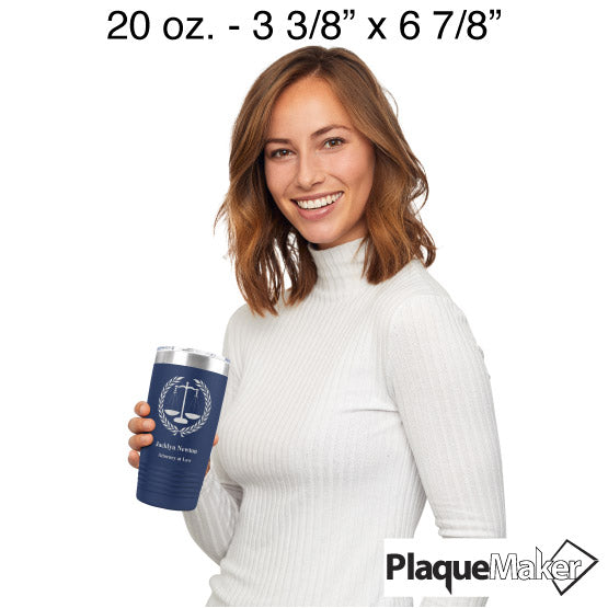 Size Guide With Happy Woman Holding Blue 20 Ounce Tumbler Engraved With Justice Scales Art And Name And Attorney At Law Text