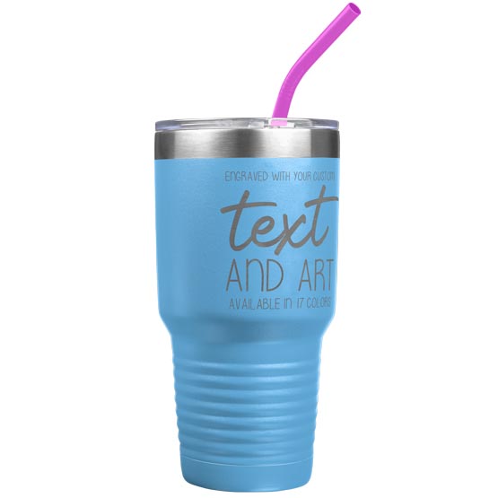 Custom Light Blue Thirty Ounce Stainless Steel Coffee Tumbler With Straw And Laser Engraved To Show Customizable Areas