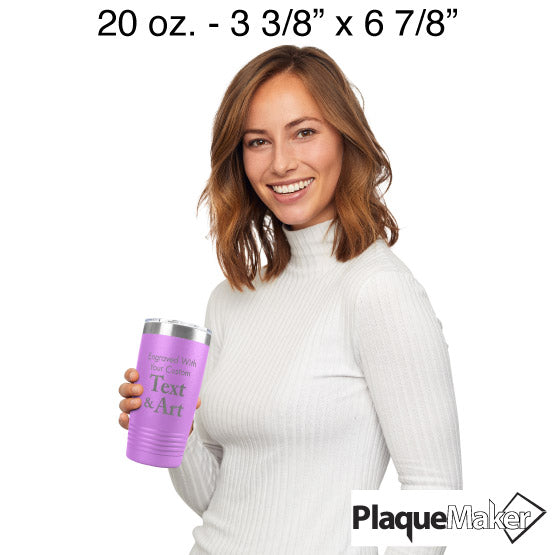 Size Guide With Happy Woman Holding Light Purple Twenty Ounce Coffee Tumbler Engraved To Show Customizable Areas