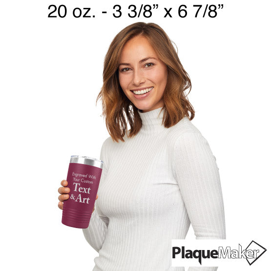 Size Guide With Happy Woman Holding Maroon Twenty Ounce Stainless Steel Coffee Tumbler Engraved To Show Customizable Areas