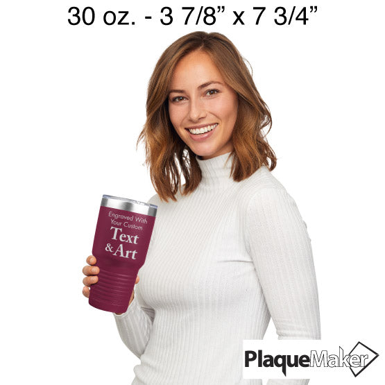 Size Guide With Happy Woman Holding Maroon Thirty Ounce Stainless Steel Coffee Tumbler Engraved To Show Customizable Areas