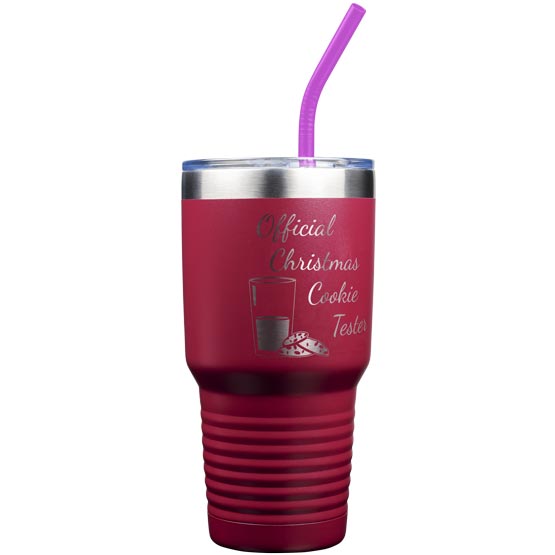 Maroon 20 Ounce Coffee Tumbler With Straw And Engraved With Official Christmas Cookie Tester Text And Milk With Cookies Art