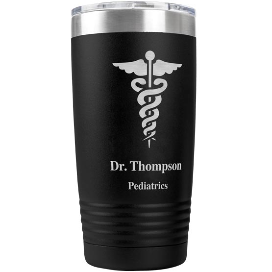 Black 20 Ounce Stainless Steel Tumbler Laser Engraved With Custom Medical Staff Artwork And Doctor Name And Field
