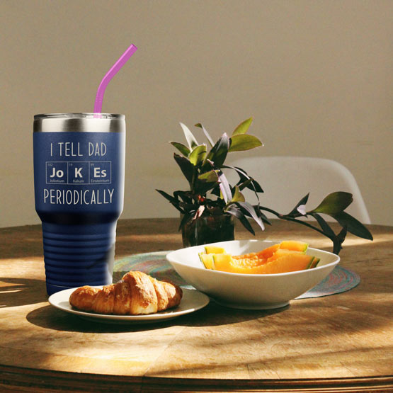 Navy Blue 30 Ounce Tumbler Engraved With I Tell Dad Jokes Periodically And Periodic Table Art On Table With Food And Plant