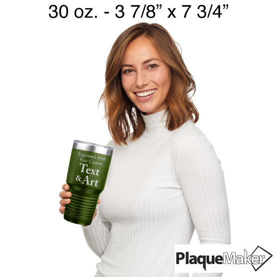 Size Guide With Happy Woman Holding Olive Green Thirty Ounce Coffee Tumbler Engraved To Show Customizable Areas