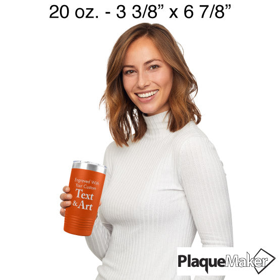 Size Guide With Happy Woman Holding Orange Twenty Ounce Stainless Steel Coffee Tumbler Engraved To Show Customizable Areas