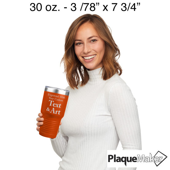 Size Guide With Happy Woman Holding Orange Thirty Ounce Stainless Steel Coffee Tumbler Engraved To Show Customizable Areas
