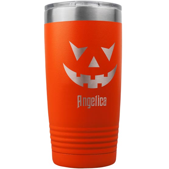 Orange 20 Ounce Stainless Steel Tumbler Laser Engraved With Jack O Lantern Pumpkin Face Artwork And Custom Name