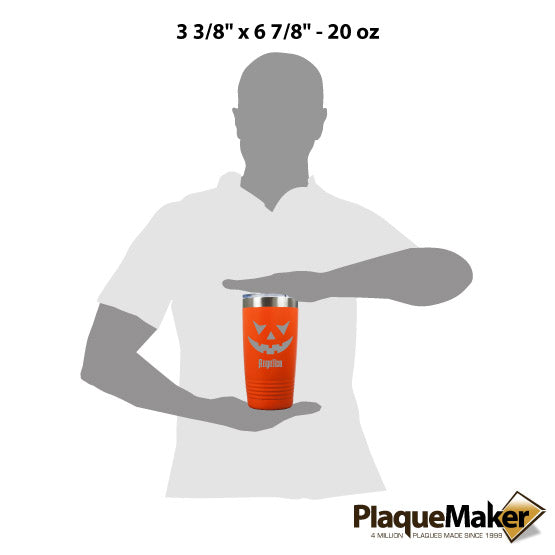 Size Guide With Blank Figure Holding Orange 20 Ounce Tumbler Engraved With Jack O Lantern Pumpkin Face Art And Name