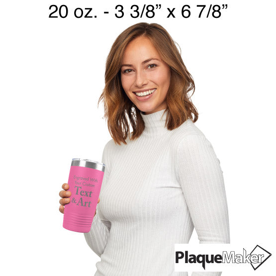 Size Guide With Happy Woman Holding Pink Twenty Ounce Stainless Steel Coffee Tumbler Engraved To Show Customizable Areas