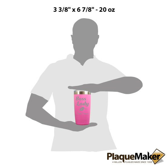 Size Guide With Blank Figure Holding Pink 20 Ounce Stainless Steel Tumbler Engraved With Boss Lady Text And Lips Artwork