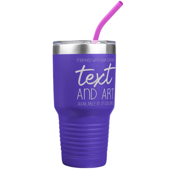 Custom Purple Thirty Ounce Stainless Steel Coffee Tumbler With Straw And Laser Engraved To Show Customizable Areas