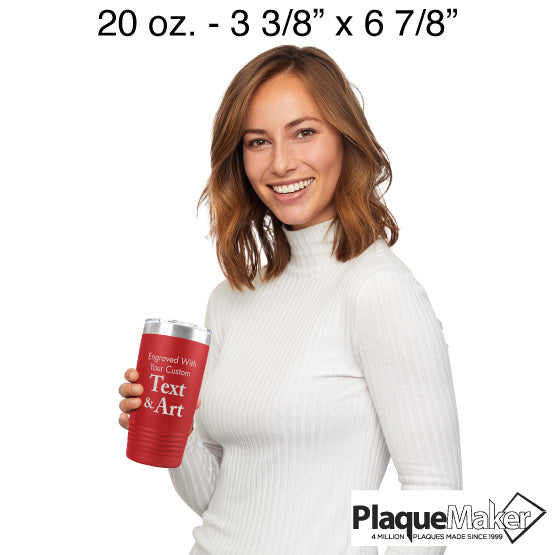 Size Guide With Happy Woman Holding Red Twenty Ounce Stainless Steel Coffee Tumbler Engraved To Show Customizable Areas