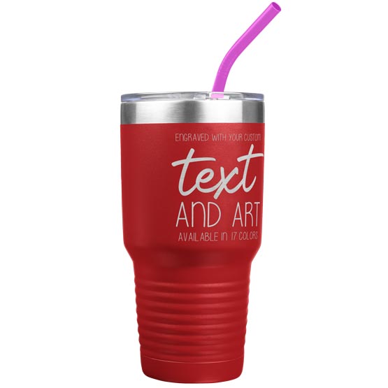 Custom Red Thirty Ounce Stainless Steel Coffee Tumbler With Straw And Laser Engraved To Show Customizable Areas