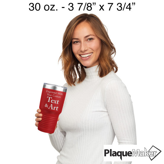 Size Guide With Happy Woman Holding Red Thirty Ounce Stainless Steel Coffee Tumbler Engraved To Show Customizable Areas
