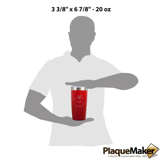 Size Guide With Blank Figure Holding Red 20 Ounce Stainless Steel Tumbler Laser Engraved With Teacher Name Inside Apple Art