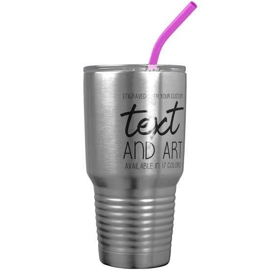 Custom Thirty Ounce Stainless Steel Coffee Tumbler With Straw And Laser Engraved To Show Customizable Areas
