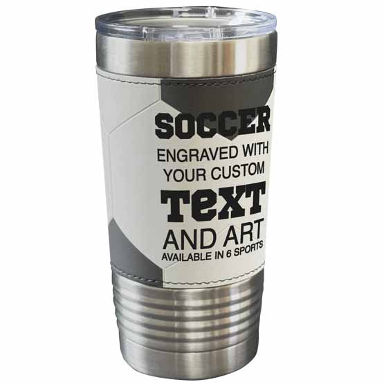 Custom Faux Leather Wrapped Stainless Steel Coffee Tumbler With Soccer Theme And Engraved To Show Customizable Areas