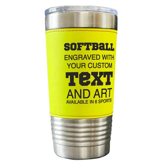 Custom Faux Leather Wrapped Stainless Steel Coffee Tumbler With Softball Theme And Engraved To Show Customizable Areas