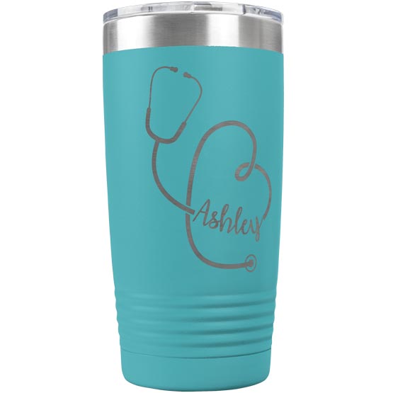 Teal 20 Ounce Stainless Steel Tumbler Laser Engraved With Custom Name Inside Stethoscope Art Against White Background