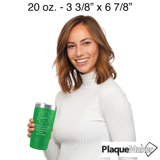 Size Guide Of Happy Woman Holding Green 20 Ounce Tumbler Engraved With Teacher Name Inside Puzzle Piece And Thank You Message